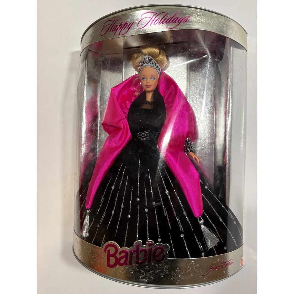 Happy Holidays Barbie Doll Special Edition 1998 Black Gown Pink Wrap Sparkle - Picture 2 of 13